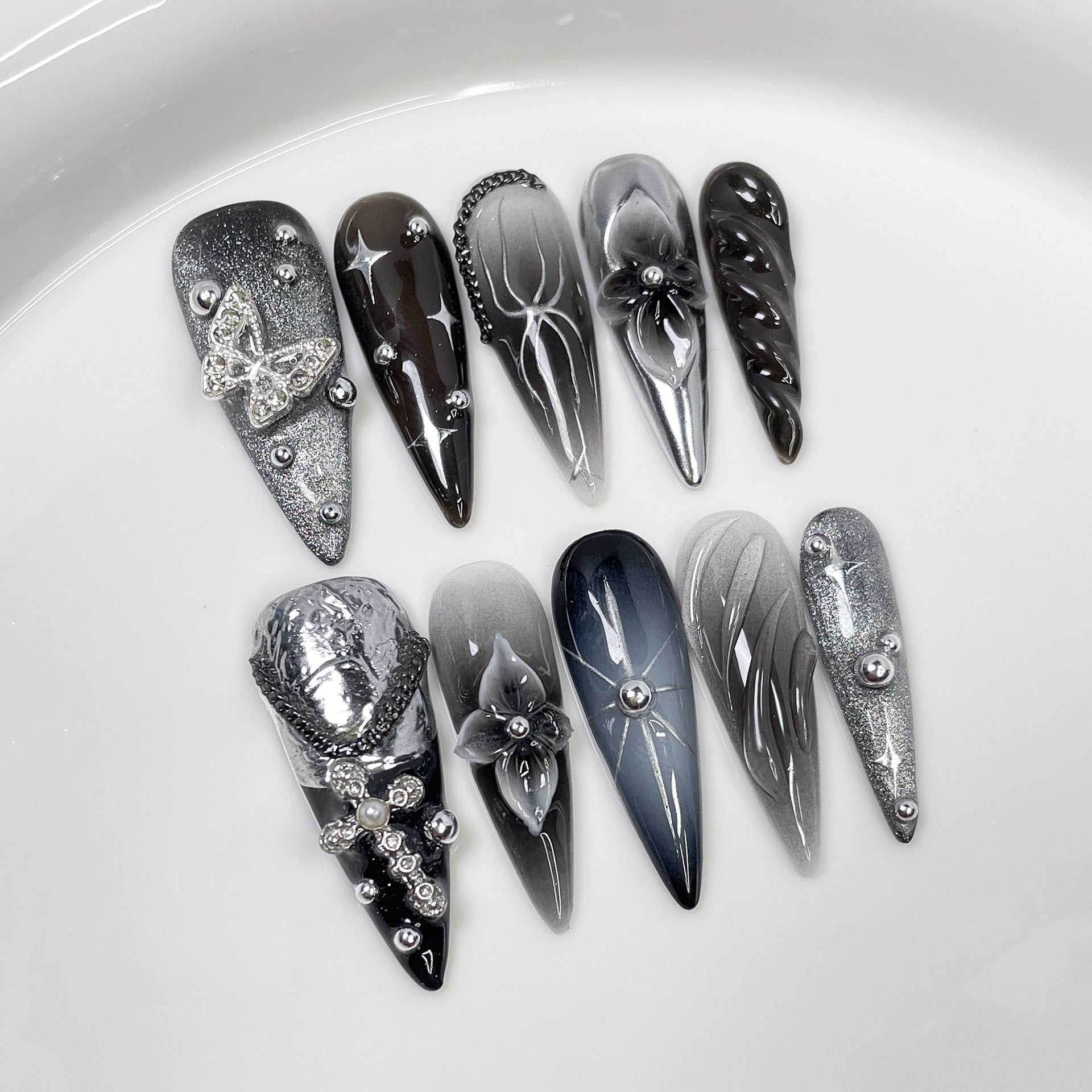 Long Pointed Cats Eye Carved Gradient False Nails
