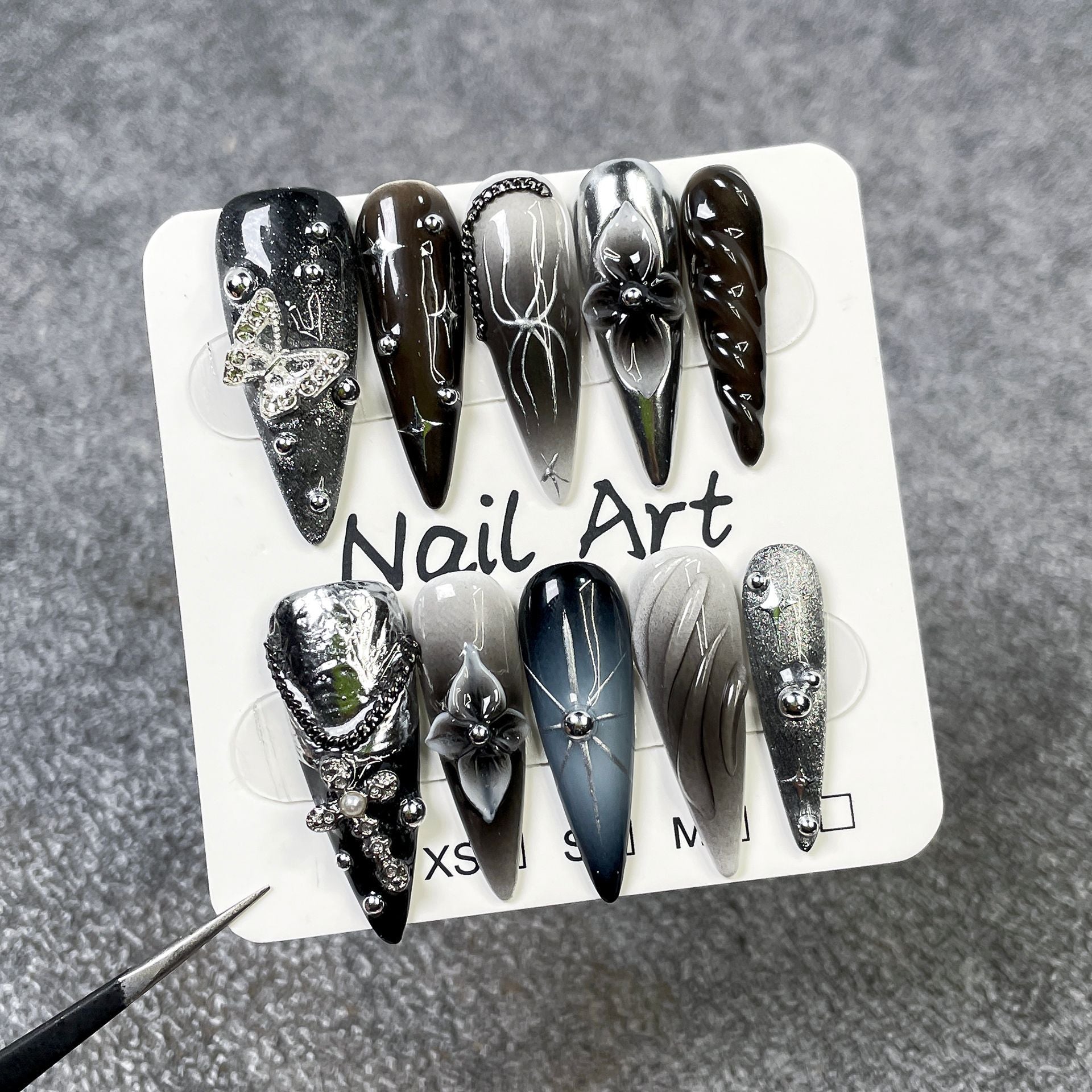 Long Pointed Cats Eye Carved Gradient False Nails